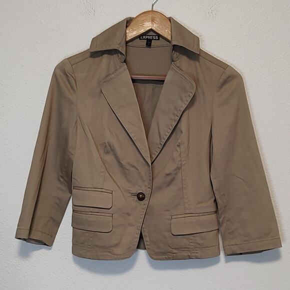 Express Beige Long Sleeve One Button Faux Pockets Blazer Jacket Size 0 - Picture 1 of 8